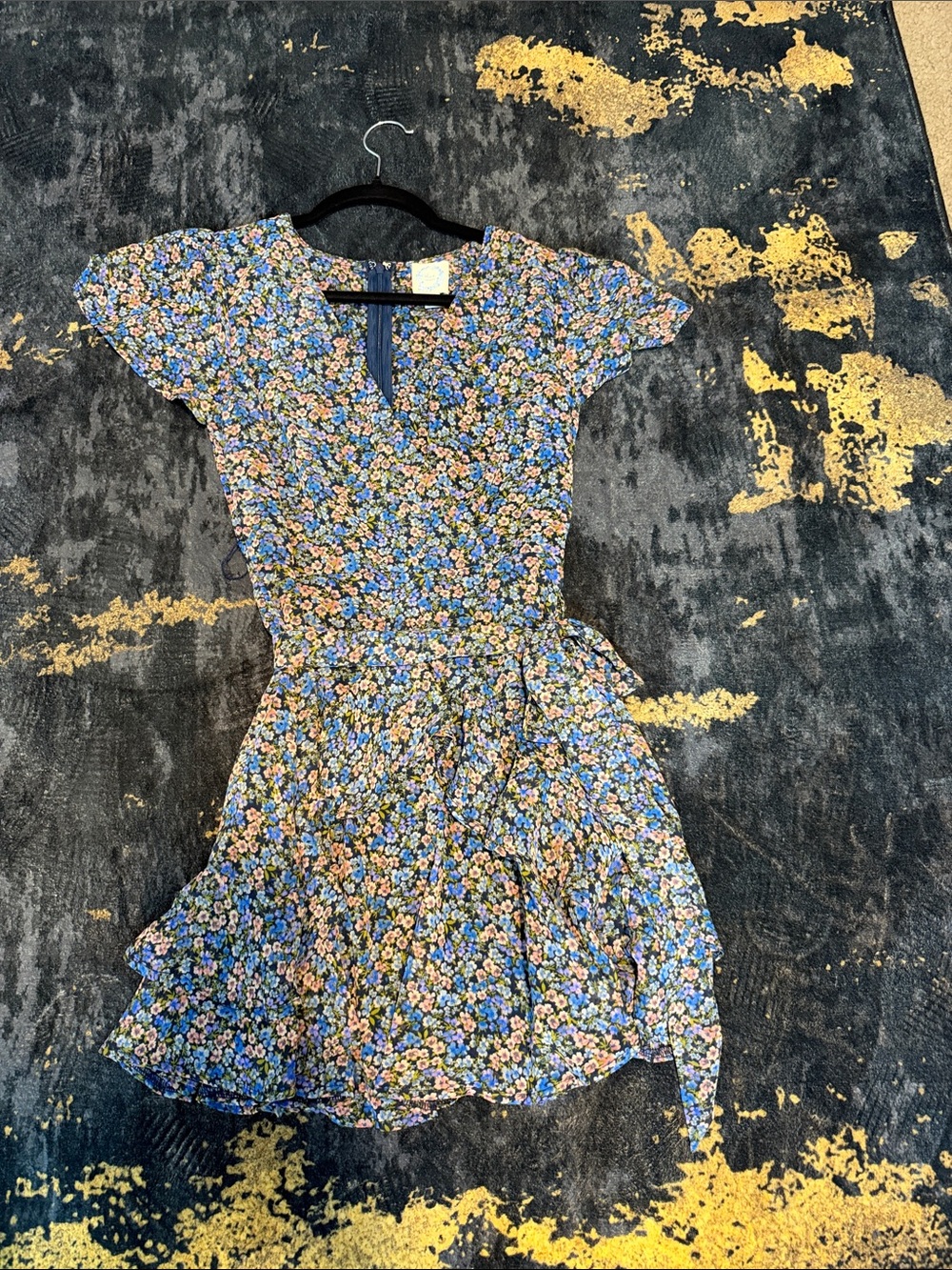 Blue Rain Blue and Pink Floral Wrap Mini Dress